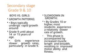 Secondary stage
Grade 9 & 10
BOYS VS. GIRLS:
• GROWTH PATTERNS:
• • Boys typically
undergo rapid growth
around
• Grade 9 until about
14 or 15 years of
age.
• • Girls experience
slower growth rates,
particularly in Grade 9.
• SLOWDOWN IN
GROWTH:
• • By Grades 10 or
higher, most
students experience
a relatively slower
rate of growth.
• This phase is
accompanied by
increased muscle
length and breadth,
resulting in improved
motor ability and
fitness.
 