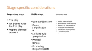 Stage specific considerations
Preparatory stage Middle stage
• Game progression
• Game
simplificatio
n
• Skill and rule
progression
• Physical
fitness
• Promoting
inclusive sports
• Free play
• Set ground rules
for free play
• Prepare planned
sessions
Secondary stage
• Sports specialisation
• Multi sports participation
• Balance of play and drills
• Strength and flexibility.
• Emotional development
• Leadership roles.
 