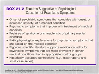 Beck BJ et al: Ch 21 Mental Disorders Due to Another Medical Condition. In:Stern T et al (2016). Massachusetts General Hospital
Comprehensive Clinical Psychiatry, 2nd. Elsevier
 