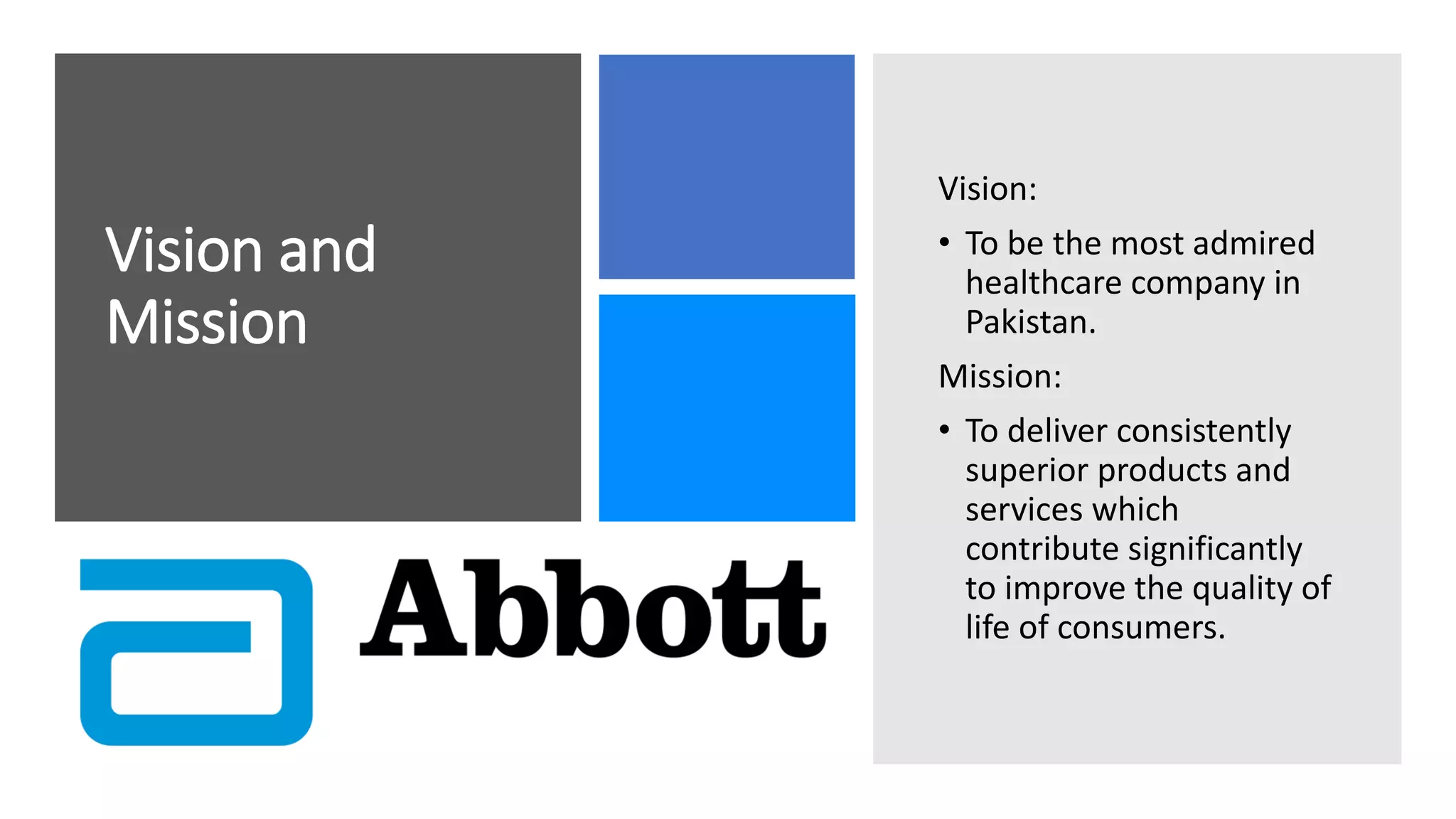 Vision and
Mission
Vision:
• To be the most admired
healthcare company in
Pakistan.
Mission:
• To deliver consistently
superior products and
services which
contribute significantly
to improve the quality of
life of consumers.
 