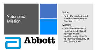 Vision and
Mission
Vision:
• To be the most admired
healthcare company in
Pakistan.
Mission:
• To deliver consistently
superior products and
services which
contribute significantly
to improve the quality of
life of consumers.
 