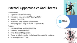External Opportunities And Threats
Opportunities:
1. Expected Growth in Industry
2. Increase in requirement of “Quality of Life”
3. Support From Govt.
4. Increase in consumption of Customers
5. Increasing Technology in Health Care Products
Threats:
1. Entrance of New Multinational Firm
2. Exchange Rate Fluctuation
3. Strict Rules and Regulations
4. Threat of Substitutes like Herbal, and Homeopathic products.
5. Increasing issues of Copy
 