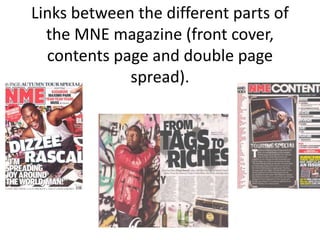 Links between the different parts of
the MNE magazine (front cover,
contents page and double page
spread).
 