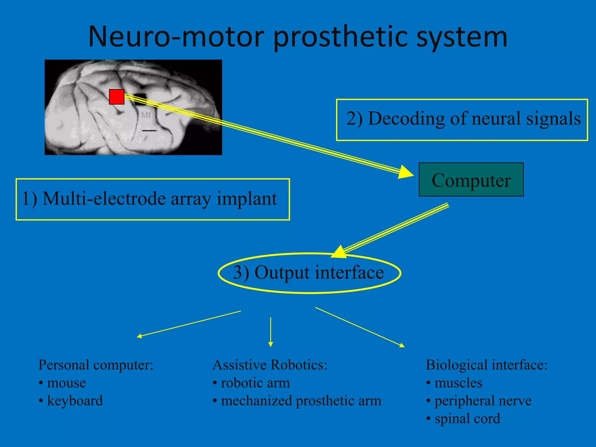 Neuro-motor prosthetic system
Computer
1) Multi-electrode array implant
2) Decoding of neural signals
3) Output interface
Personal computer:
• mouse
• keyboard
Assistive Robotics:
• robotic arm
• mechanized prosthetic arm
Biological interface:
• muscles
• peripheral nerve
• spinal cord
 
