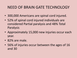 NEED OF BRAIN GATE TECHNOLOGY
• 300,000 Americans are spinal cord injured.
• 52% of spinal cord injured individuals are
considered Partial paralysis and 48% Total
Paralysis
• Approximately 15,000 new injuries occur each
year.
• 82% are male.
• 56% of injuries occur between the ages of 16
and 30
 