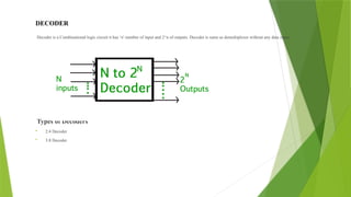 DECODER
Decoder is a Combinational logic circuit it has ‘n’ number of input and 2^n of outputs. Decoder is same as demultiplexer without any data input.
Types of Decoders
 2:4 Decoder
 3:8 Decoder
 