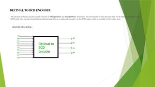 DECIMAL TO BCD ENCODER
The decimal-to-binary encoder usually consists of 10 input lines and 4 output lines. Each input line corresponds to each decimal digit and 4 outputs correspond to the
BCD code. This encoder accepts the decoded decimal data as an input and encodes it to the BCD output which is available on the output lines.
BLOCK DIAGRAM :
 