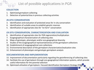 List of possible applications in PGR
1. Optimized germplasm collecting
2. Detection of potential bias in previous collecting activities
3. Identification and evaluation of protected areas for in-situ conservation
4. Identification of suitable areas to establish genetic reserves
5. Identification of appropriate sites for “on farm” conservation
6. Identification of appropriate sites for PGR regeneration/multiplication
7. Ecogeographical characterization of collecting sites
8. Maps of genotypic, phenotypic and/or eco-geographical diversity
9. Studies of the ecogeographical representativeness of the germplasm collections
10. Establishment of ecogeographical core collections
11. Environmental description of the germplasm characterization/evaluation sites
12. Enhancement of phenotypic and genotypic germplasm analysis
13. Improvement of documentation particularly regarding the georeferencing of collecting sites
14. Facilitate the use of germplasm through eco-geographical information systems, which provide
useful information for the parental selection
15. Optimized utilization of germplasm. Focused Identification Germplasm Strategy (FIGS)
COLLECTION
EX-SITU CONSERVATION, CHARACTERIZATION AND EVALUATION
DOCUMENTATION AND IMPLEMENTATION
IN-SITU CONSERVATION
 