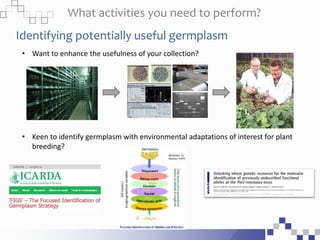 What activities you need to perform?
Identifying potentially useful germplasm
• Want to enhance the usefulness of your collection?
• Keen to identify germplasm with environmental adaptations of interest for plant
breeding?
 