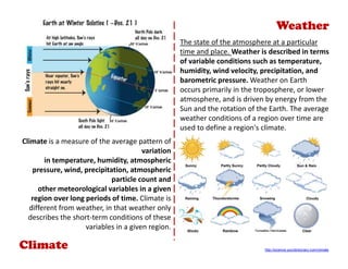 Climate
Climate is a measure of the average pattern of
variation
in temperature, humidity, atmospheric
pressure, wind, precipitation, atmospheric
particle count and
other meteorological variables in a given
region over long periods of time. Climate is
different from weather, in that weather only
describes the short-term conditions of these
variables in a given region.
The state of the atmosphere at a particular
time and place. Weather is described in terms
of variable conditions such as temperature,
humidity, wind velocity, precipitation, and
barometric pressure. Weather on Earth
occurs primarily in the troposphere, or lower
atmosphere, and is driven by energy from the
Sun and the rotation of the Earth. The average
weather conditions of a region over time are
used to define a region's climate.
Weather
http://science.yourdictionary.com/climate
 