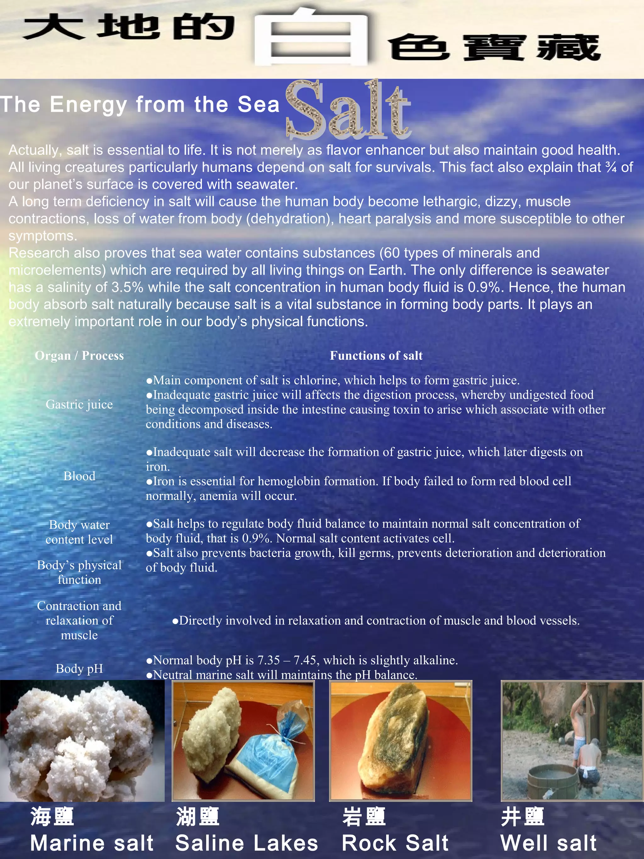 Actually, salt is essential to life. It is not merely as flavor enhancer but also maintain good health.
All living creatures particularly humans depend on salt for survivals. This fact also explain that ¾ of
our planet’s surface is covered with seawater.
A long term deficiency in salt will cause the human body become lethargic, dizzy, muscle
contractions, loss of water from body (dehydration), heart paralysis and more susceptible to other
symptoms.
Research also proves that sea water contains substances (60 types of minerals and
microelements) which are required by all living things on Earth. The only difference is seawater
has a salinity of 3.5% while the salt concentration in human body fluid is 0.9%. Hence, the human
body absorb salt naturally because salt is a vital substance in forming body parts. It plays an
extremely important role in our body’s physical functions.
岩鹽
Rock Salt
井鹽
Well salt
湖鹽
Saline Lakes
海鹽
Marine salt
The Energy from the Sea
Organ / Process Functions of salt
Gastric juice
•Main component of salt is chlorine, which helps to form gastric juice.
•Inadequate gastric juice will affects the digestion process, whereby undigested food
being decomposed inside the intestine causing toxin to arise which associate with other
conditions and diseases.
Blood
•Inadequate salt will decrease the formation of gastric juice, which later digests on
iron.
•Iron is essential for hemoglobin formation. If body failed to form red blood cell
normally, anemia will occur.
Body water
content level
•Salt helps to regulate body fluid balance to maintain normal salt concentration of
body fluid, that is 0.9%. Normal salt content activates cell.
•Salt also prevents bacteria growth, kill germs, prevents deterioration and deterioration
of body fluid.Body’s physical
function
Contraction and
relaxation of
muscle
•Directly involved in relaxation and contraction of muscle and blood vessels.
Body pH
•Normal body pH is 7.35 – 7.45, which is slightly alkaline.
•Neutral marine salt will maintains the pH balance.
 