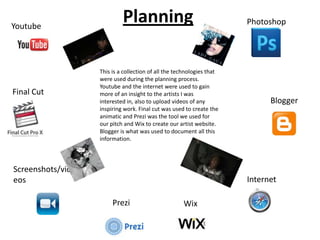 Youtube

Final Cut

Planning
This is a collection of all the technologies that
were used during the planning process.
Youtube and the internet were used to gain
more of an insight to the artists I was
interested in, also to upload videos of any
inspiring work. Final cut was used to create the
animatic and Prezi was the tool we used for
our pitch and Wix to create our artist website.
Blogger is what was used to document all this
information.

Screenshots/vid
eos

Photoshop

Blogger

Internet
Prezi

Wix

 