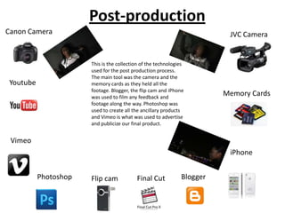 Post-production
Canon Camera

JVC Camera

This is the collection of the technologies
used for the post production process.
The main tool was the camera and the
memory cards as they held all the
footage. Blogger, the flip cam and iPhone
was used to film any feedback and
footage along the way. Photoshop was
used to create all the ancillary products
and Vimeo is what was used to advertise
and publicize our final product.

Youtube

Memory Cards

Vimeo
iPhone
Photoshop

Flip cam

Final Cut

Blogger

 