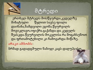 მტრედი
  ერთხელ მტრედს მოსწყურდა,კედელზე
 მიხატული     წყლით სავსე ფიალა
 დაინახა,ნამდვილი ეგონა,წყურვილს
 მოვიკლავო,იფიქრა.გაქანდა და კედელს
 შეასკდა.წყურვილის მოკვლისა რა მოგახსენოთ
 და ფრთამოტეხილი კი ჩამოვარდა მიწაზე.
არაკი ამბობს:
ბრმად გადადგმული ნაბიჯი კაცს დაღუპავსო.
 