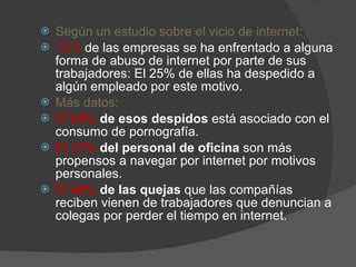 Según un estudio sobre el vicio de internet: 72%  de las empresas se ha enfrentado a alguna forma de abuso de internet por parte de sus trabajadores: El 25% de ellas ha despedido a algún empleado por este motivo. Más datos: El  69%  de esos despidos  está asociado con el consumo de pornografía. El 5 7%  del personal de oficina  son más propensos a navegar por internet por motivos personales. El  40%  de las quejas  que las compañías reciben vienen de trabajadores que denuncian a colegas por perder el tiempo en internet. 