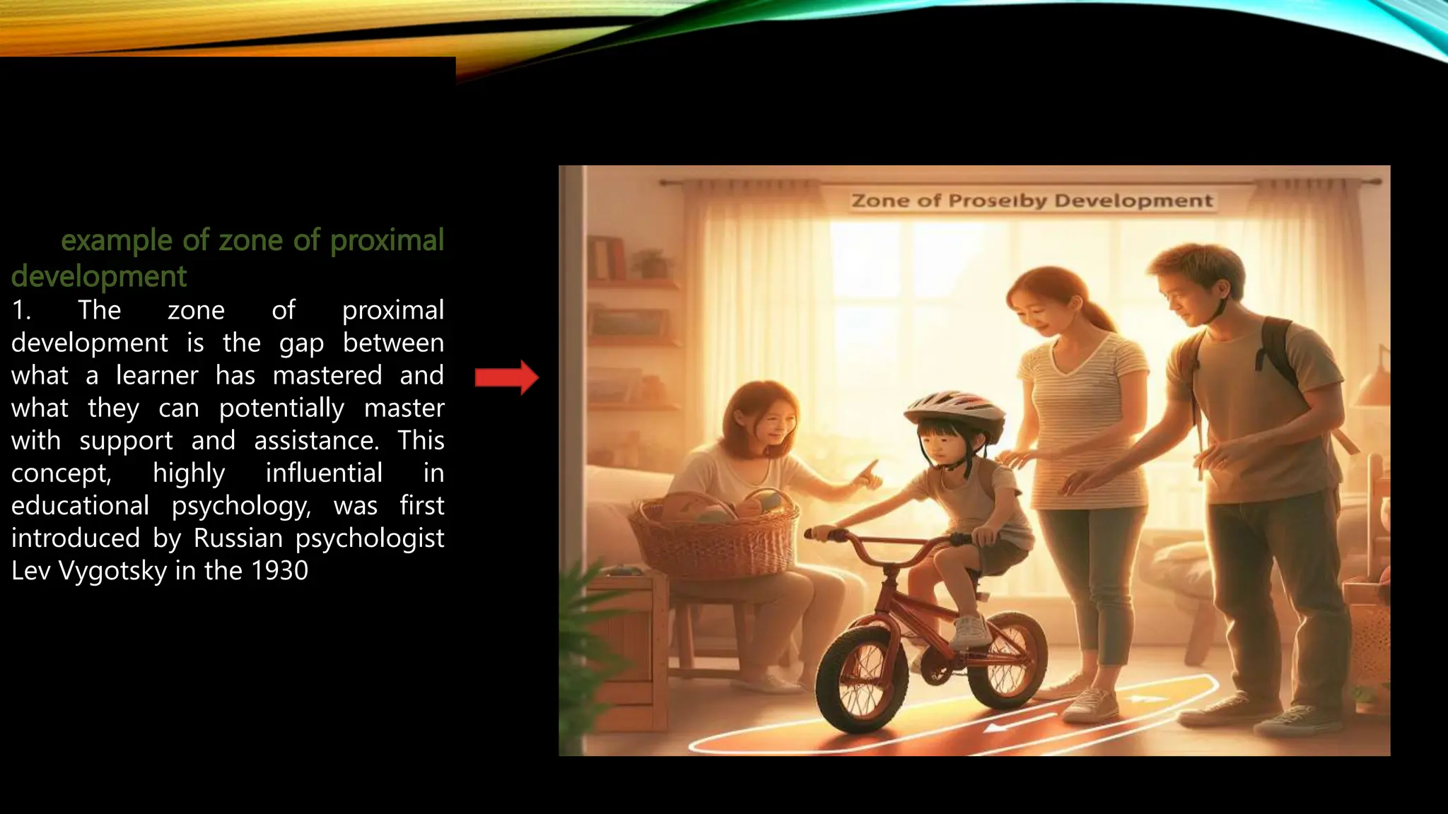 example of zone of proximal
development
1. The zone of proximal
development is the gap between
what a learner has mastered and
what they can potentially master
with support and assistance. This
concept, highly influential in
educational psychology, was first
introduced by Russian psychologist
Lev Vygotsky in the 1930
 