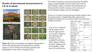 a)
b) c)
Results of instrumental measurements in
UK & Scotland
Figure 12. Areas of investigation in England: photograph of
Doune Hill and Moorland in Scotland [2] (a); satellite
image of a well at Preston New Road (Lancashire) (b);
photographs of crop circles in England [5] (c).
The results of frequency-resonance processing of satellite
images and photographs of areas of peat bogs in Rivne
and Chernigov regions in Ukraine showed that they are
all located above basalt volcanoes, in the contours of
which hydrogen migrates into the atmosphere
Drilling site in England. During processing a satellite image of a well
for shale gas location in England (figure 8b), responses from
hydrogen and basalts were also recorded. Signals from basalts were
recorded up to 95 km
Signals were
recorded at the
frequencies of :
depth
scanning the
cross-section
with a step of 10
cm
a volcano filled
with sedimentary
rocks of the 9th
group (marls). The
root of the volcano
was identified at:
723 km
Signals from
basalts were
recorded in
4.8-98000 m.
responses from the
9th group of
sedimentary rocks
(marls)
98-723
km
hydrogen from
basalts began to be
recorded from
6 m
living wate 7.5 m
Peatland site in Scotland
Crop circles in England.
On the surface of 0 m
from the upper part of
cross-section, responses
from hydrogen and
phosphorus were
recorded for all circles,
which indicate of these
elements’ migration into
the atmosphere within
areas of circles location
13
 