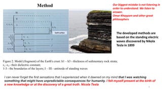 Our biggest mistake is not listening in
order to understand. We listen to
answer.
Omar Khayyam and other great
philosophers
Figure 2. Model (fragment) of the Earth's crust: h1 – h3 - thickness of sedimentary rock strata;
1–3 - their dielectric constant;
1-3 - the boundaries of the layers; I – III - antinode of standing waves
I can never forget the first sensations that I experienced when it dawned on my mind that I was watching
something that might have unpredictable consequences for humanity. I felt myself present at the birth of
a new knowledge or at the discovery of a great truth. Nicola Tesla
The developed methods are
based on the standing electric
waves discovered by Nikola
Tesla in 1899
Earth surface
Method
4
 