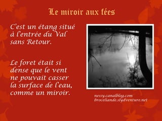 Le miroir aux fées
C’est un étang situé
à l’entrée du Val
sans Retour.


Le foret était si
dense que le vent
ne pouvait casser
la surface de l’eau,
comme un miroir.        nessy.canalblog.com
                        broceliande.slydventure.net
 