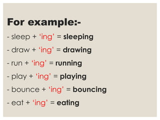 For example:-
- sleep + ‘ing’ = sleeping
- draw + ‘ing’ = drawing
- run + ‘ing’ = running
- play + ‘ing’ = playing
- bounce + ‘ing’ = bouncing
- eat + ‘ing’ = eating
 
