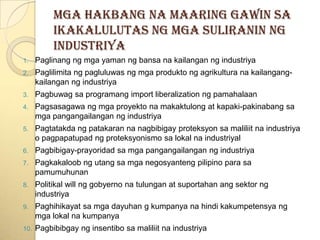 MgahakbangnaMaaringGawinsaIkakalulutasngmgaSuliraninngIndustriyaPaglinangngmgayamanngbansanakailanganngindustriyaPaglilimitangpagluluwasngmgaproduktongagrikulturanakailangang-kailanganngindustriyaPagbuwagsaprogramang import liberalization ngpamahalaanPagsasagawangmgaproyektonamakaktulong at kapaki-pakinabangsamgapangangailanganngindustriyaPagtatakdangpatakarannanagbibigayproteksyonsamaliliitnaindustriya o pagpapatupadngproteksyonismosalokalnaindustriyalPagbibigay-prayoridadsamgapangangailanganngindustriyaPagkakaloobngutangsamganegosyantengpilipinoparasapamumuhunanPolitikal will nggobyernonatulungan at suportahanangsektorngindustriyaPaghihikayatsamgadayuhan g kumpanyanahindikakumpetensyangmgalokalnakumpanyaPagbibibgaynginsentibosamaliliitnaindustriya