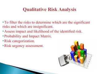 To filter the risks to determine which are the significant
risks and which are insignificant.
Assess impact and likelihood of the identified risk.
Probability and Impact Matrix.
Risk categorization.
Risk urgency assessment.
 