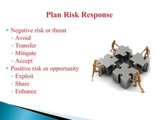  Negative risk or threat
◦ Avoid
◦ Transfer
◦ Mitigate
◦ Accept
 Positive risk or opportunity
◦ Exploit
◦ Share
◦ Enhance
 