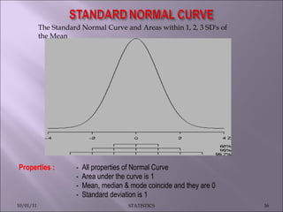 Properties :  -  All properties of Normal Curve -  Area under the curve is 1  -  Mean, median & mode coincide and they are 0 -  Standard deviation is 1 The Standard Normal Curve and Areas within 1, 2, 3 SD's of the Mean 10/01/11 STATISTICS 