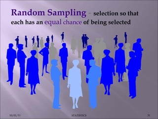 Random Sampling  -  selection so that each has an  equal   chance  of being selected 10/01/11 STATISTICS 