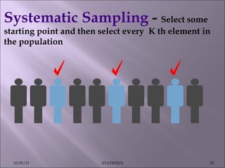 Systematic Sampling  -  Select some starting point and then select every  K th element in the population 10/01/11 STATISTICS 