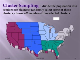 Cluster Sampling  -  divide the population into sections (or clusters); randomly select some of those clusters; choose  all  members from selected clusters 10/01/11 STATISTICS 