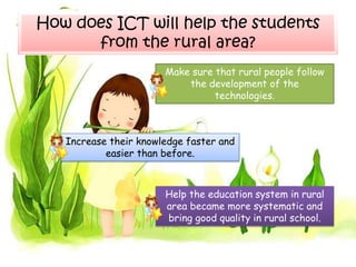 How does ICT will help the students
      from the rural area?
                       Make sure that rural people follow
                           the development of the
                                 technologies.



   Increase their knowledge faster and
           easier than before.



                       Help the education system in rural
                       area became more systematic and
                       bring good quality in rural school.
 