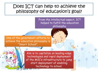 Does ICT can help to achieve the
      philosophy of education’s goal?
                         From the intellectual aspect, ICT
                          helped to fulfill the education
                                    philosophy.



One of the government efforts to
achieve the education philosophy is
         “Smart School”.


                Aim is to capitalize on leading-edge
                technologies and rapid deployment
               of the MSC’s infrastructure to jump
                   start deployment of enabling
                       technology to school.
 