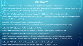 REFERENCES
Answers (2014) What are the Aims and Objectives of McDonalds? [online] available from
<http://wiki.answers.com/Q/What_are_the_aims_and_objectives_of_McDonalds#slide=1&article=What_are_the
_aims_and_objectives_of_McDonalds> [18 January 2014]
Forbes (2014) McDonald's Recipe for Success Brought New CEO to the Table [online] available from
<http://www.forbes.com/sites/deborahljacobs/2012/03/22/mcdonalds-recipe-for-success-brought-new-ceo-tothe-table/> [18 January 2014]
McDonalds (2014) Mission & Values [online] available from
<http://www.aboutmcdonalds.com/mcd/our_company/mission_and_values.html> [20 January 2014]
McDonalds (2014) Company Profile [online] available from
<http://www.aboutmcdonalds.com/mcd/investors/company_profile.html> [18 January 2014]
McDonalds (2014) What Makes McDonald's? [online] available from
<http://www.mcdonalds.co.uk/ukhome/whatmakesmcdonalds/questions/running-the-bsiness/businessstrategy/what-are-the-business-aims-and-objectives-for-mcdonalds-in-the-uk.html> [18 January 2014]
McDonalds (2014) Your McDonald’s Journey Starts Here [online] available from
<http://www.aboutmcdonalds.com/mcd/student_zone.html> [18 January 2014]

 