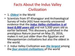 Facts About the Indus Valley
Civilization
• 1. Oldest in the World
• Scientists from IIT-Kharagpur and Archaeological
Survey of India (ASI) have recently uncovered
evidence that the Indus Valley civilization is at
least 8,000 years old and not 5,500 years old as
earlier believed. This discovery, published in the
prestigious Nature journal on May 25, 2016,
makes it not just older than the Egyptian and
Mesopotamian civilizations but also the oldest in
the world.
• 2. Indus Valley Civilization was the largest among
the four ancient civilizations of the world
 