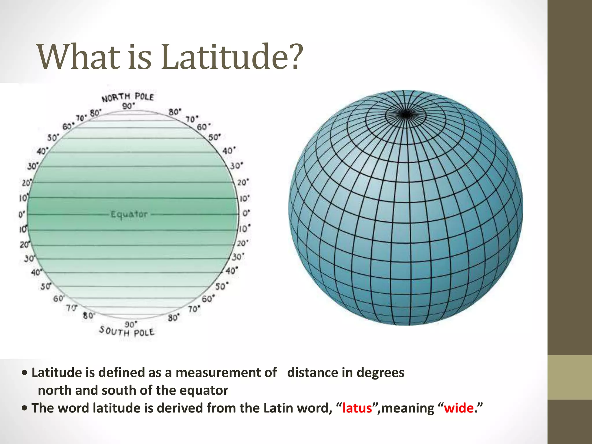 What is Latitude?
• Latitude is defined as a measurement of distance in degrees
north and south of the equator
• The word latitude is derived from the Latin word, “latus”,meaning “wide.”
 