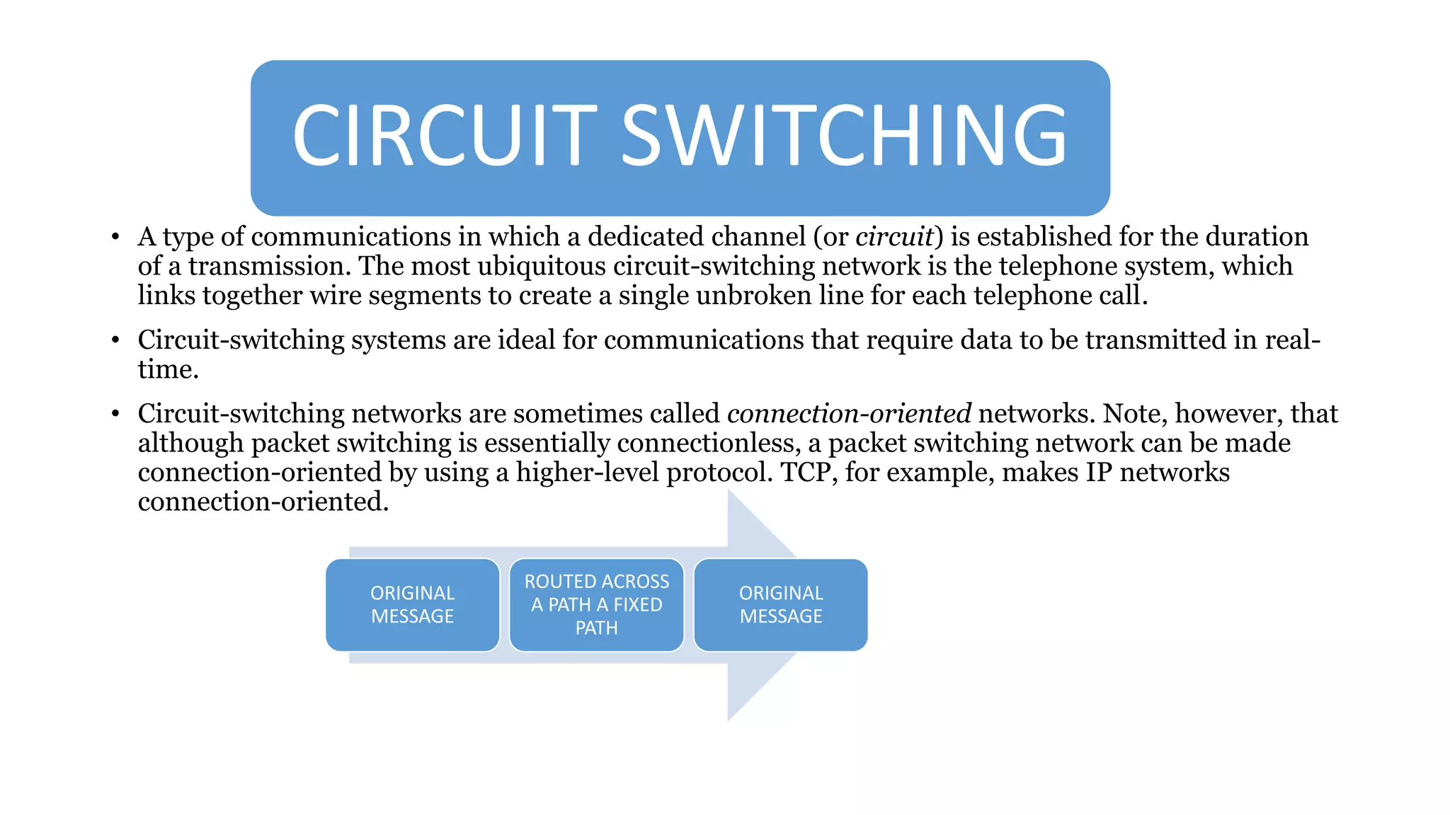CIRCUIT SWITCHING
• A type of communications in which a dedicated channel (or circuit) is established for the duration
of a transmission. The most ubiquitous circuit-switching network is the telephone system, which
links together wire segments to create a single unbroken line for each telephone call.
• Circuit-switching systems are ideal for communications that require data to be transmitted in real-
time.
• Circuit-switching networks are sometimes called connection-oriented networks. Note, however, that
although packet switching is essentially connectionless, a packet switching network can be made
connection-oriented by using a higher-level protocol. TCP, for example, makes IP networks
connection-oriented.
ORIGINAL
MESSAGE
ROUTED ACROSS
A PATH A FIXED
PATH
ORIGINAL
MESSAGE
 