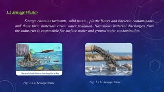 1.2 Sewage Waste:-
Sewage contains toxicants, solid waste , plastic litters and bacteria contaminants
and these toxic materials cause water pollution. Hazardous material discharged from
the industries is responsible for surface water and ground water contamination.
Fig: 1.2 a. Sewage Waste Fig: 1.2 b. Sewage Waste
 