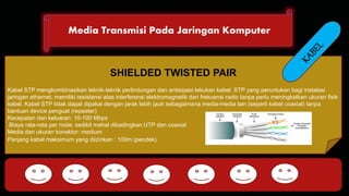 Media Transmisi Pada Jaringan Komputer 
DHCP FTP 
SHIELDED TWISTED PAIR 
Kabel STP mengkombinasikan teknik-teknik perlindungan dan antisipasi tekukan kabel. STP yang peruntukan bagi instalasi 
jaringan ethernet, memiliki resistansi atas interferensi elektromagnetik dan frekuensi radio tanpa perlu meningkatkan ukuran fisik 
kabel. Kabel STP tidak dapat dipakai dengan jarak lebih jauh sebagaimana media-media lain (seperti kabel coaxial) tanpa 
bantuan device penguat (repeater) 
Kecepatan dan keluaran: 10-100 Mbps 
Biaya rata-rata per node: sedikit mahal dibadingkan UTP dan coaxial 
Media dan ukuran konektor: medium 
Panjang kabel maksimum yang diizinkan : 100m (pendek). 
HTTP DNS POP SMTP 
 
