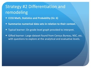Strategy #2 Differentiation and
remodeling
 CCSS Math, Statistics and Probability (Gr. 6)
 Summarize numerical data sets in relation to their context.
 Typical learner: On grade level graph provided to interpret.
 Gifted learner: Large dataset found from Census Bureau, NSC, etc.
with questions to explore at the analytical and evaluative levels.

 