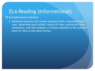 ELA Reading (Informational)
RI 8.6 Advanced Learners
 Advanced learners will review opinions from a Supreme Court
case, determine each author‟s point of view, summarize other
viewpoints, and then prepare a written rebuttal to the author‟s
point of view in the same format.

 