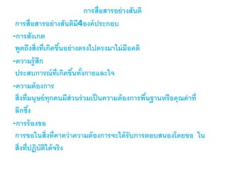 การสื่อสารอย่างสันติ
การสื่อสารอย่างสันติมี4องค์ประกอบ
-การสังเกต
พูดถึงสิ่งที่เกิดขึ้นอย่างตรงไปตรงมาไม่มีอคติ
-ความรู้สึก
ประสบการณ์ที่เกิดขึ้นทั้งกายและใจ
-ความต้องการ
สิ่งที่มนุษย์ทุกคนมีส่วนร่วมเป็นความต้องการพื้นฐานหรือคุณค่าที่
ลึกซึ้ง
-การร้องขอ
การขอในสิ่งที่คาดว่าความต้องการจะได้รับการตอบสนองโดยขอ ใน
สิ่งที่ปฏิบัติได้จริง
 