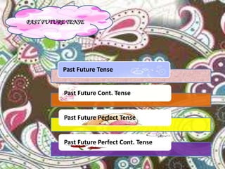 Past Future Tense
Past Future Cont. Tense
Past Future Perfect Tense
Past Future Perfect Cont. Tense
PAST FUTURE TENSE
 