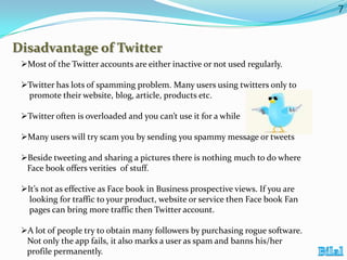 7

Disadvantage of Twitter
Most of the Twitter accounts are either inactive or not used regularly.

Twitter has lots of spamming problem. Many users using twitters only to
promote their website, blog, article, products etc.
Twitter often is overloaded and you can’t use it for a while
Many users will try scam you by sending you spammy message or tweets
Beside tweeting and sharing a pictures there is nothing much to do where
Face book offers verities of stuff.
It’s not as effective as Face book in Business prospective views. If you are
looking for traffic to your product, website or service then Face book Fan
pages can bring more traffic then Twitter account.
A lot of people try to obtain many followers by purchasing rogue software.
Not only the app fails, it also marks a user as spam and banns his/her
profile permanently.

 
