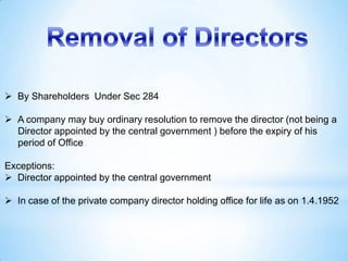  By Shareholders Under Sec 284

 A company may buy ordinary resolution to remove the director (not being a
  Director ap...