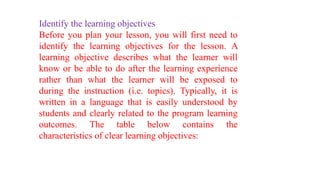 Identify the learning objectives
Before you plan your lesson, you will first need to
identify the learning objectives for the lesson. A
learning objective describes what the learner will
know or be able to do after the learning experience
rather than what the learner will be exposed to
during the instruction (i.e. topics). Typically, it is
written in a language that is easily understood by
students and clearly related to the program learning
outcomes. The table below contains the
characteristics of clear learning objectives:
 