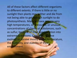 All of these factors affect different organisms
to different extents. If there is little or no
sunlight then plants may wither and die from
not being able to get enough sunlight to do
photosynthesis. Many archaea require very
high temperatures, or pressures, or unusual
concentrations of chemical substances, such
as sulfur, because of their specialization into
extreme conditions. Certain fungi have
evolved to survive mostly at the temperature,
the humidity, and stability of their
environment.
 
