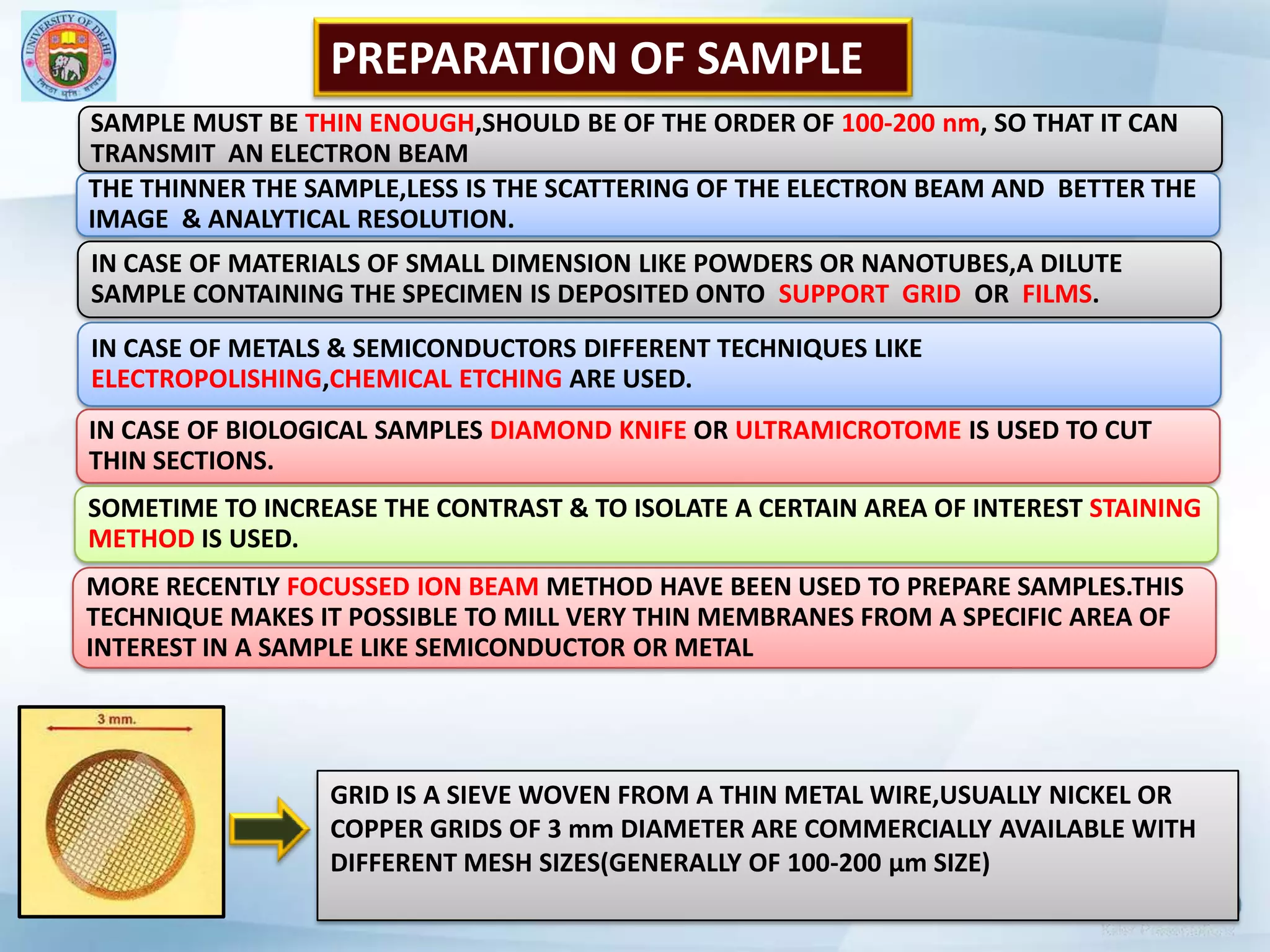 SAMPLE MUST BE THIN ENOUGH,SHOULD BE OF THE ORDER OF 100-200 nm, SO THAT IT CAN TRANSMIT  AN ELECTRON BEAMPREPARATION OF SAMPLETHE THINNER THE SAMPLE,LESS IS THE SCATTERING OF THE ELECTRON BEAM AND  BETTER THE IMAGE  & ANALYTICAL RESOLUTION.IN CASE OF MATERIALS OF SMALL DIMENSION LIKE POWDERS OR NANOTUBES,A DILUTE SAMPLE CONTAINING THE SPECIMEN IS DEPOSITED ONTO  SUPPORT  GRID  OR  FILMS.IN CASE OF METALS & SEMICONDUCTORS DIFFERENT TECHNIQUES LIKE ELECTROPOLISHING,CHEMICAL ETCHING ARE USED.IN CASE OF BIOLOGICAL SAMPLES DIAMOND KNIFE OR ULTRAMICROTOME IS USED TO CUT THIN SECTIONS.SOMETIME TO INCREASE THE CONTRAST & TO ISOLATE A CERTAIN AREA OF INTEREST STAINING METHOD IS USED.MORE RECENTLY FOCUSSED ION BEAM METHOD HAVE BEEN USED TO PREPARE SAMPLES.THIS TECHNIQUE MAKES IT POSSIBLE TO MILL VERY THIN MEMBRANES FROM A SPECIFIC AREA OF INTEREST IN A SAMPLE LIKE SEMICONDUCTOR OR METALGRID IS A SIEVE WOVEN FROM A THIN METAL WIRE,USUALLY NICKEL OR COPPER GRIDS OF 3 mm DIAMETER ARE COMMERCIALLY AVAILABLE WITH DIFFERENT MESH SIZES(GENERALLY OF 100-200 µm SIZE)