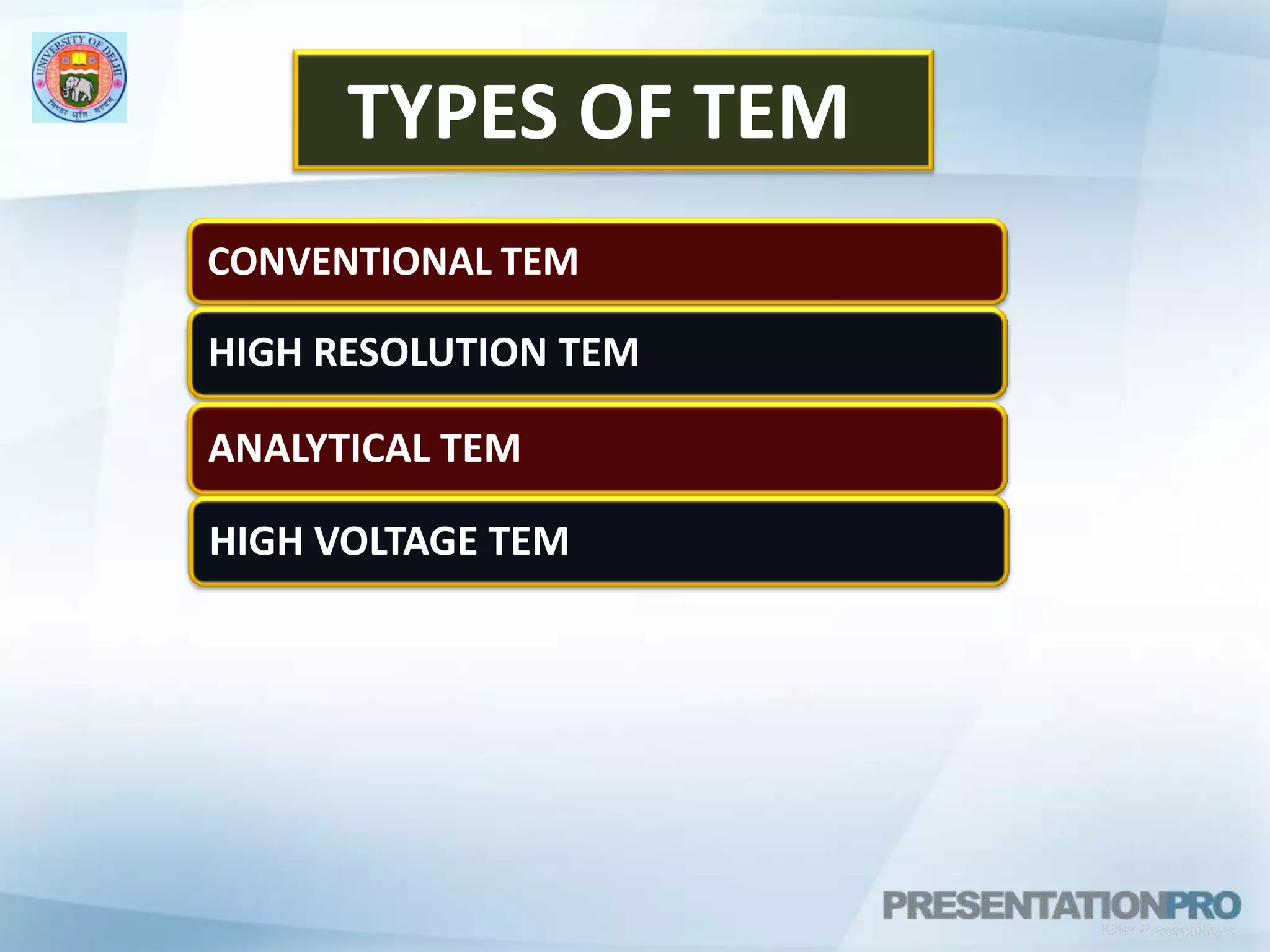 CONVENTIONAL TEM  TYPES OF TEMHIGH RESOLUTION TEMANALYTICAL TEMHIGH VOLTAGE TEM
