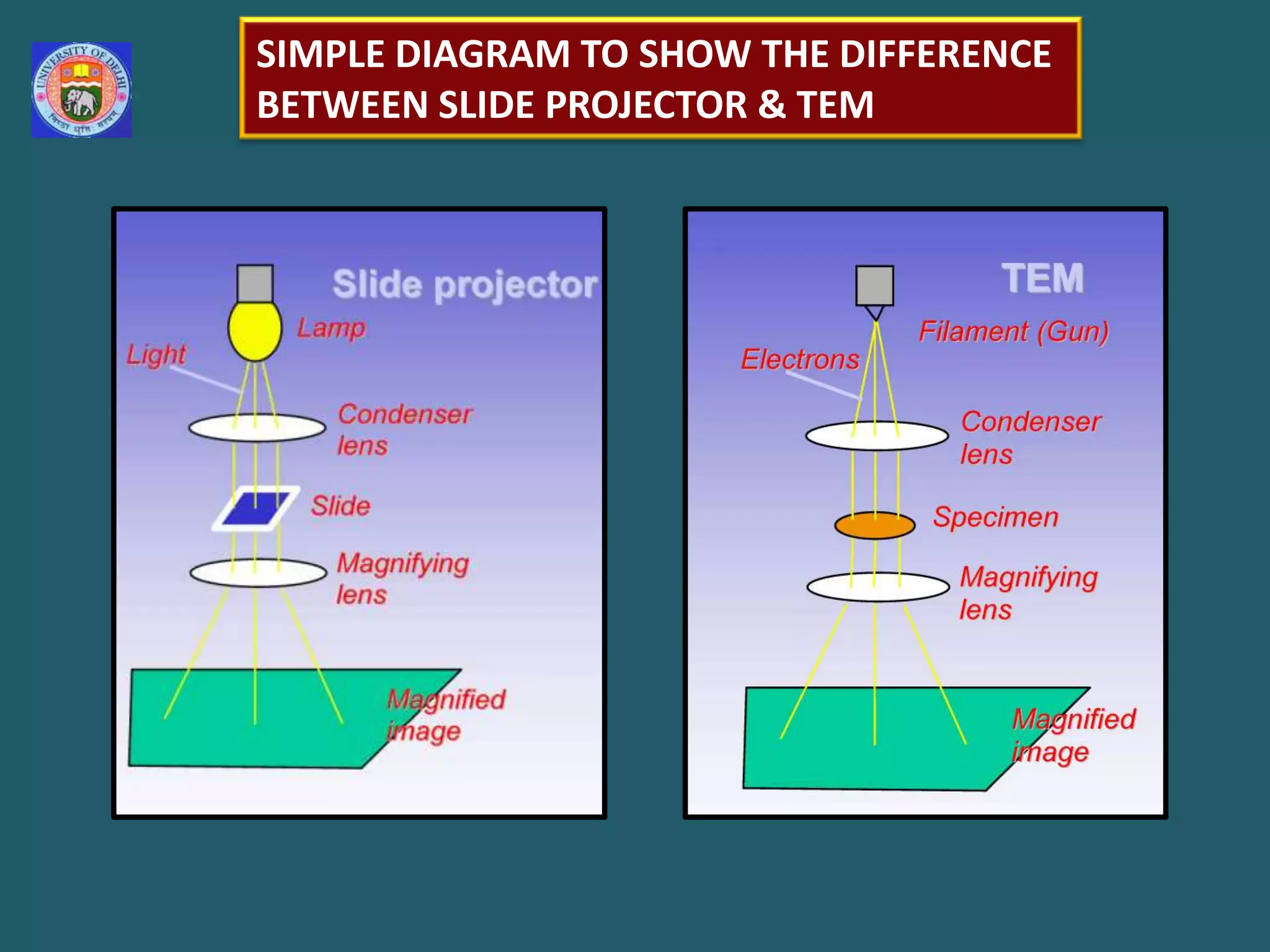 SIMPLE DIAGRAM TO SHOW THE DIFFERENCE       BETWEEN SLIDE PROJECTOR & TEM